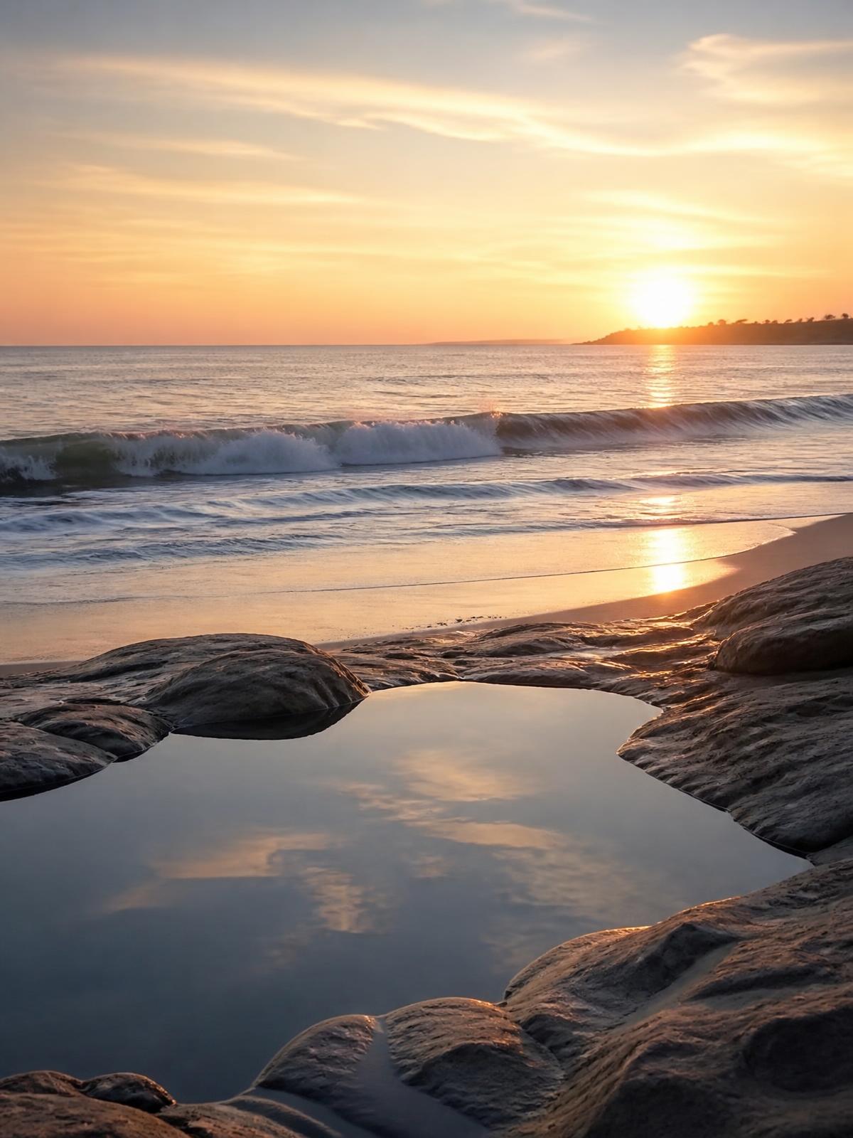 Calm ocean tide at sunset with gentle waves on the shore